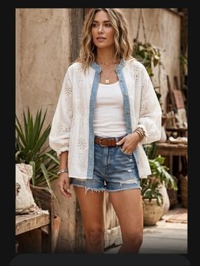 Made In Italy 100% Cotton White Eyelet Button-Up with Denim Trim